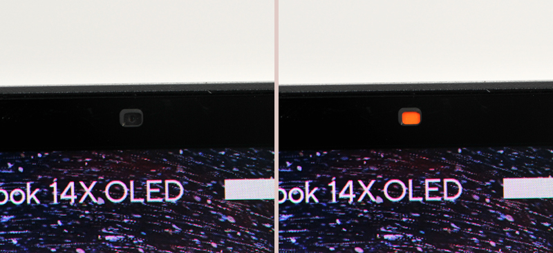 左がWebカメラのシールドが開いた状態で右が閉じた状態。F10キーを押すと「チャッ」と動作音がしてシールドが閉じ、もう一度押すと「チャッ」と動作音が鳴ってシールドが開く。すごくカッコいい