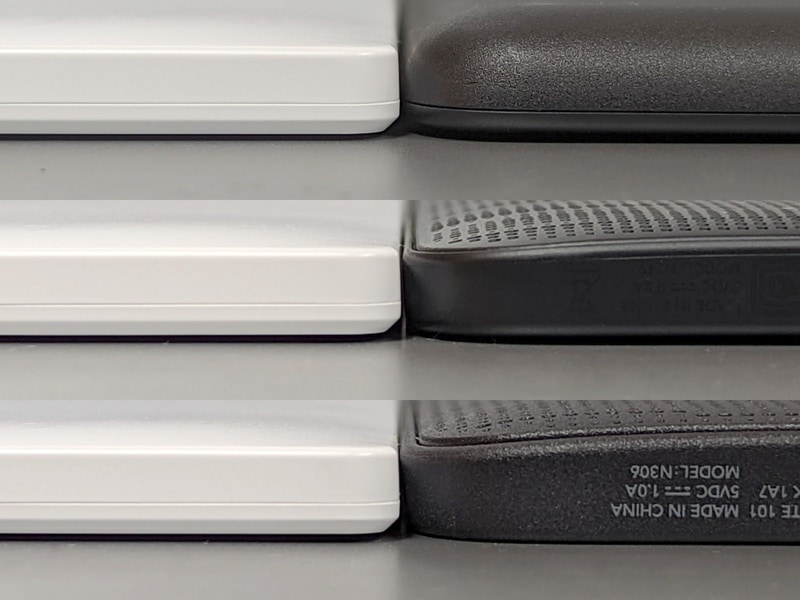 厚みの比較。左はいずれも本製品、右上がKindle、右中がKobo Clara HD、右下がKobo Nia。筐体はこれら3製品に比べると薄い