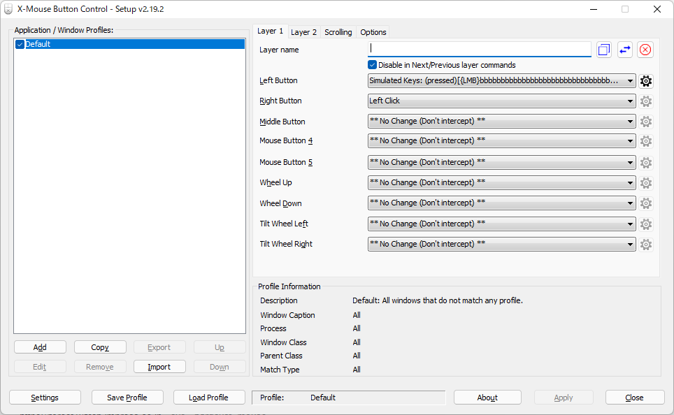 実際の設定メニュー。「Left Button」が左ボタンの入力対応する。マウスの左ボタンを押したときに、どの文字キーが押されたかをここで定義する。マウスの左ボタンを特定の文字キーに割り当てるとWindowsの操作がしにくくなるため、筆者は、マウスの右ボタンを左クリック(Left Click)に割り当てた