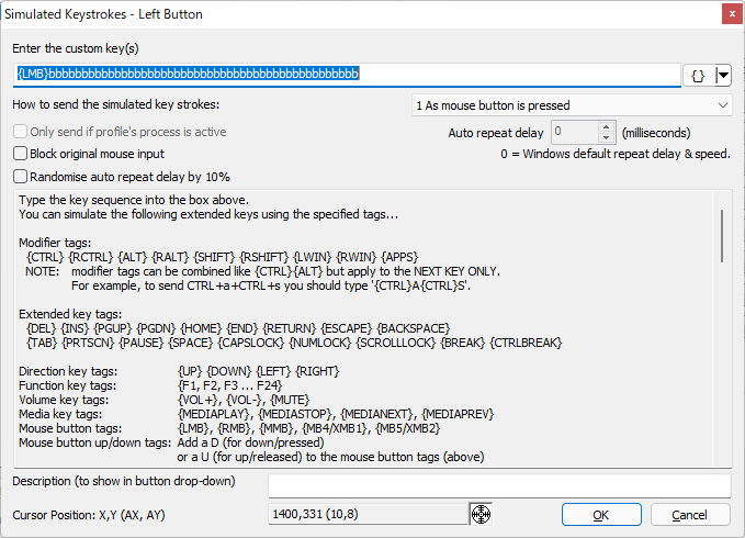 マウスの左ボタンにどんな文字を入力するか……を定義する画面。筆者の設定事例では[B]キーを押す定義とした。[B]が複数入力してあるのは、ゲーム側が、ときどき[B]キーを押したことに反応しないことがあったため、便宜上、[B]キーを連打したような定義とした。スト5では、この定義で、ワザが連打状態で出ることはなく、入力が安定した
