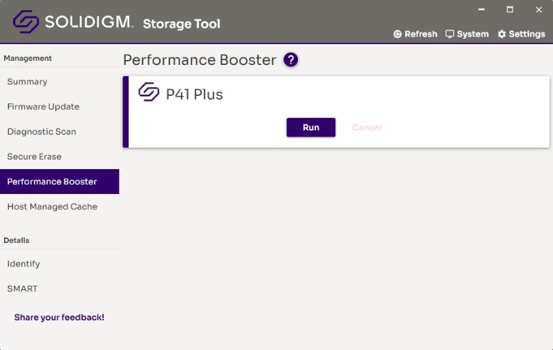 Performance Boosterの実行画面。この機能を実行すると、SLCキャッシュを手動で開放できる。定期実行すれば、常にある程度のSLCキャッシュを確保できる