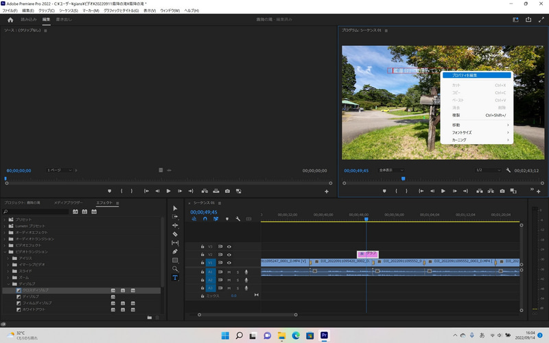 入力したテロップの上で右クリックすると開かれるメニューから、「プロパティを編集」を選択