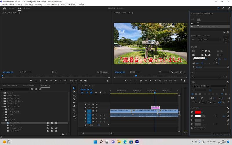 テロップを画面下側に移動してから、「整列と変形」で「水平方向中央」ボタンをクリックして位置を正確に整える