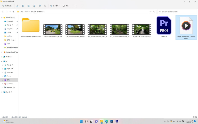 BGMをダウンロードしたら、ほかの動画素材が入っている「ビデオ\20220911霧降の滝」フォルダーに移動させる