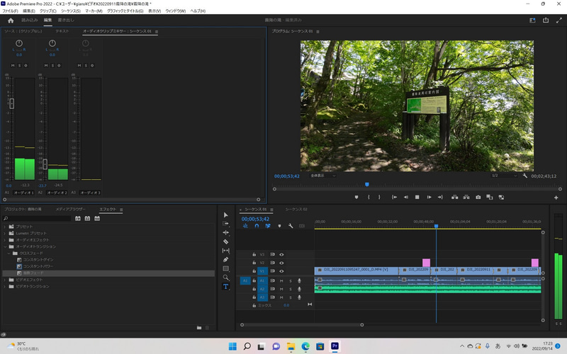 オーディオ1がクリップ、オーディオ2がBGM調整用のスライダーだ。声、環境音の音量に合わせて、BGMの音量を調節していこう。聞きづらいところがないように、動画全体を通して確認することをお勧めする