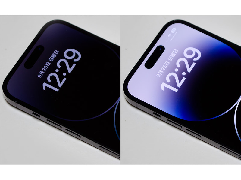 ロック画面常時表示(左)/通常表示(右)。常時表示でもそれなりに明るいのが分かる。写真などを背景にすればいい感じになりそうだ