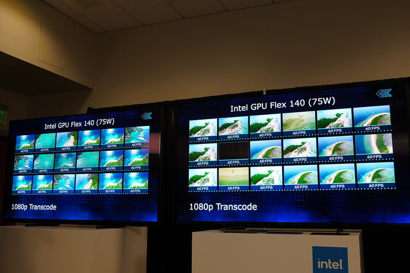 Intel Data Center GPU Flex 140とNVIDIA A10との比較デモ、Flex 140が1080p HEVCへのトランスコードを36ストリーム同時にできるのに対して、A10は7つ