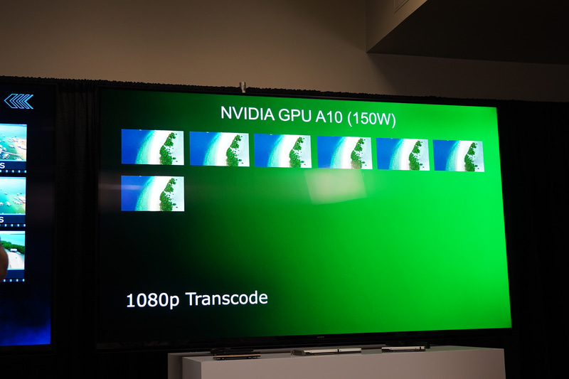 Intel Data Center GPU Flex 140とNVIDIA A10との比較デモ、Flex 140が1080p HEVCへのトランスコードを36ストリーム同時にできるのに対して、A10は7つ