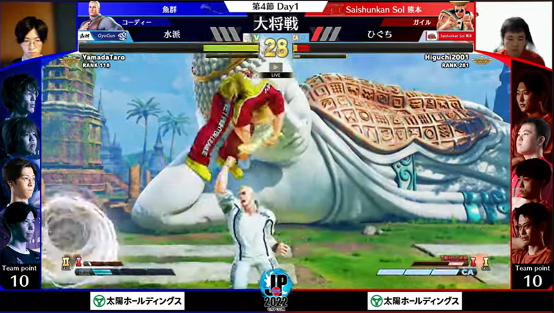 水派コーディーが画面端にひぐちガイルを追い詰め、ジャンプで逃げてきたところを対空で落としてそのままフィニッシュ。ギリギリの攻防の連続で見ている側のテンションも上がる