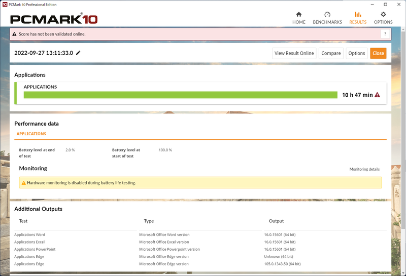 PCMark 10 Battery Benchmark Applicationsの結果