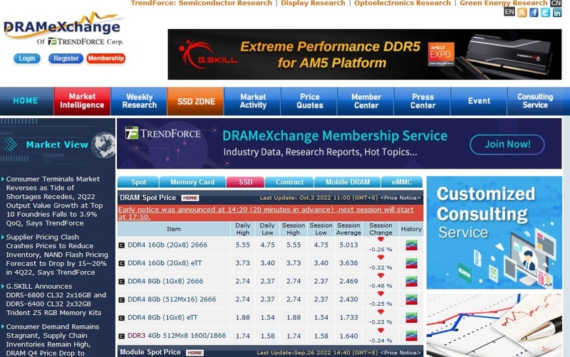 半導体メモリ価格とフラッシュストレージ価格をリアルタイムで掲載しているWebサイト「<a href="https://www.dramexchange.com/" class="n" target="_blank">DRAMeXchange</a>」のトップページ