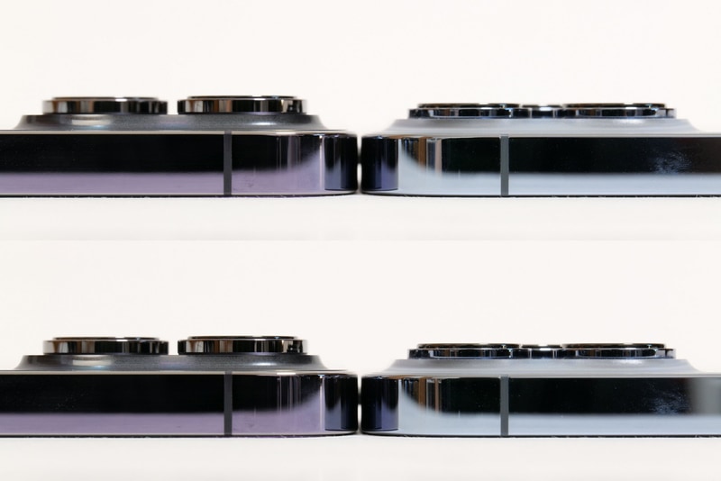 左がiPhone 14 Pro Max、右がiPhone 13 Pro Max。上は側面に、下はカメラにピントを合わせて撮影している。iPhone 14 Pro Maxは本体の奥行きは7.85mmだが、カメラ部は実測12mm。カメラ部を保護するケースは必須装備だ