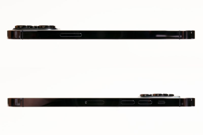 右側面にはサイドボタン、左側面にはSIMトレイ、音量ボタン、着信/サイレントスイッチを配置