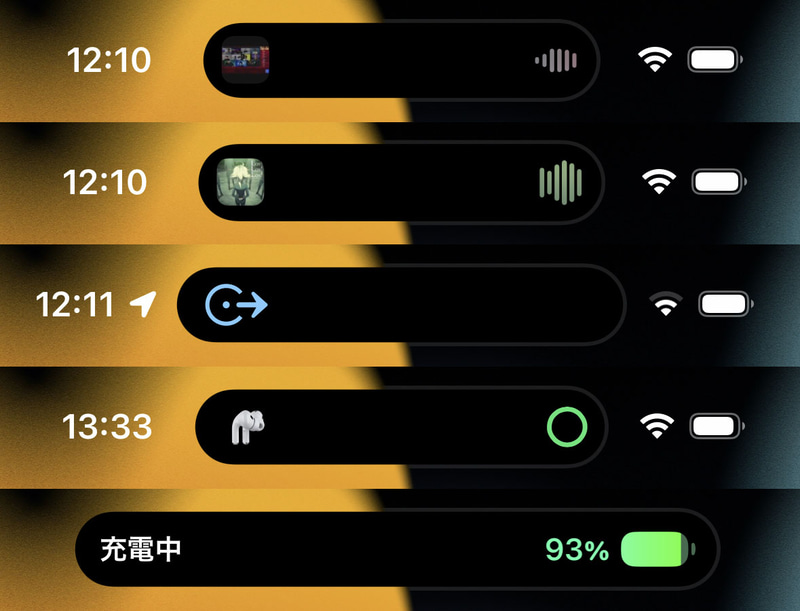 上から「YouTube」、「ミュージック」、「マップ」アプリ使用中、「AirPods」装着直後、充電中の「Dynamic Island」の表示。