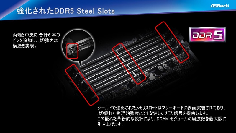 ピンを追加し構造を強化したDDRメモリスロット