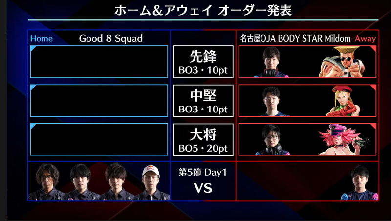 事前オーダーは、先鋒がウメハラガイル、中堅はあきらキャミィ、大将はふ～どポイズン、待機はナリ君