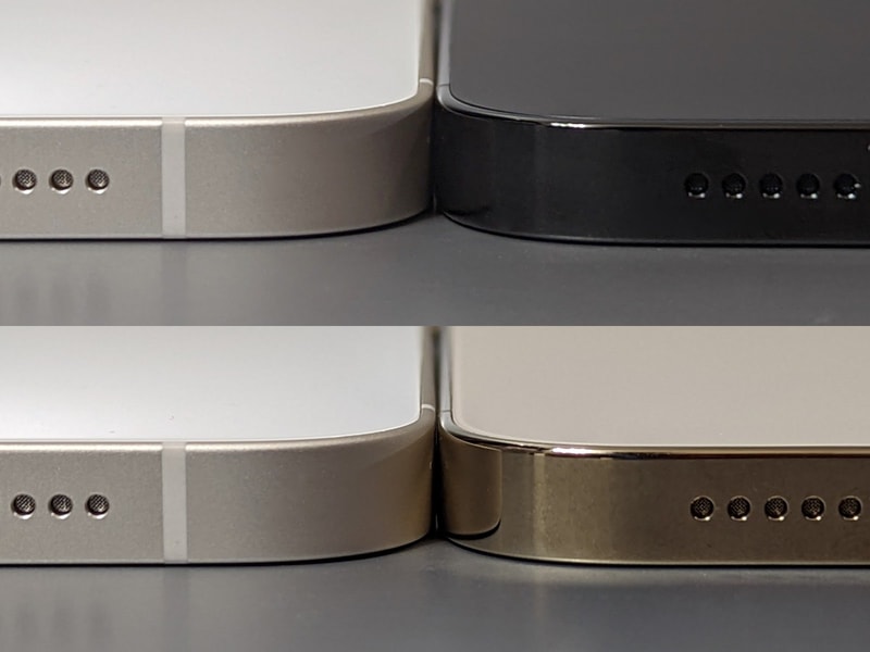 厚みの比較。左がいずれも本製品、右上はiPhone 14 Pro Max、右下はiPhone 13 Pro Max。ほぼ誤差と言っていい違いだ