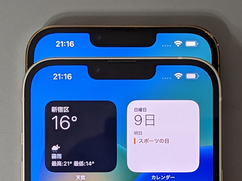 手前が本製品、奥がiPhone 13 Pro Max。ノッチ部は形状、サイズともに同等だ