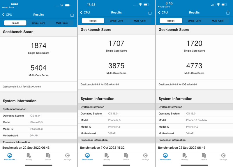 Geekbench 5でのスコアはシングルコアが「1707」、マルチコアが「3805」。iPhone 14 Pro Maxは「1874」「5404」、iPhone 13 Pro Maxは「1720」「4773」なので、前者比で91/72%、後者比で99/81%