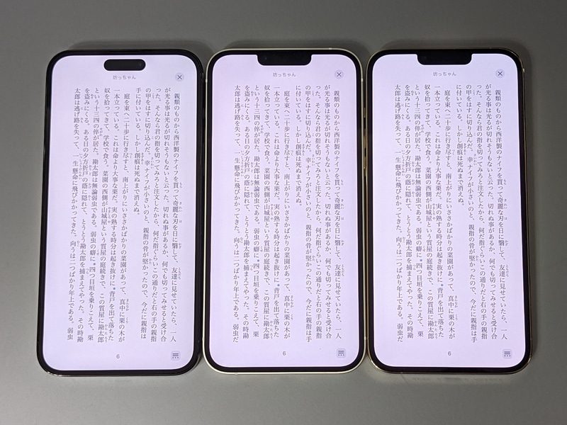 左からiPhone 14 Pro Max、本製品、iPhone 13 Pro Max。iPhone 14 Pro Maxは1行の文字数が1文字少ない場合があるなど、天地がわずかに圧縮されている。本製品とiPhone 13 Pro Maxはまったく同一だ