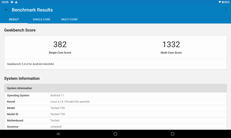 GeekBench 5(Single-core / Multi-core)。382 / 1,332(545 / 1,799)