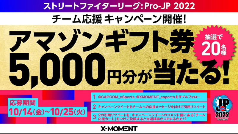 SFL 2022では、Twitterを利用した「チーム応援キャンペーン」が開催されており、条件を満たした人の中から抽選で20名にアマゾンギフト券5,000円分が当たるようだ