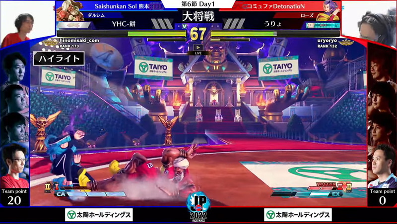 大将戦はYHC-餅ダルシムとうりょローズの一戦。YHC-餅ダルシムの立ち回りにうりょローズ苦戦の場面が多く見られた