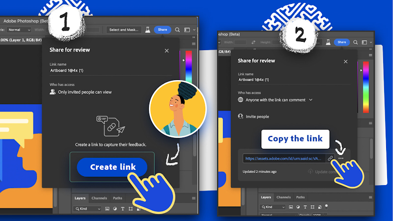 右上の共有ボタンから呼び出せる。組織内だけでなく、URL経由での外部への共有も可能