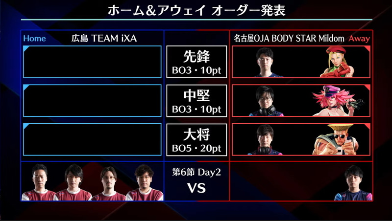 アウェイ、名古屋OJA BODY STAR Mildomの事前オーダーは、先鋒があきらキャミィ、中堅ふ～どポイズン、大将ウメハラガイル