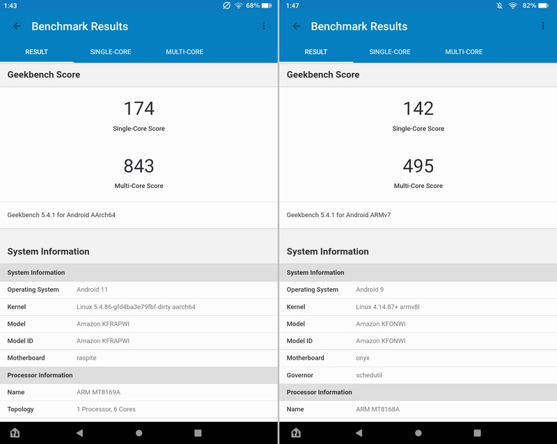 「GeekBench 5」によるベンチマークスコアの比較。左が本製品、右が従来モデル。特にマルチコアでスコアが大きく伸びている