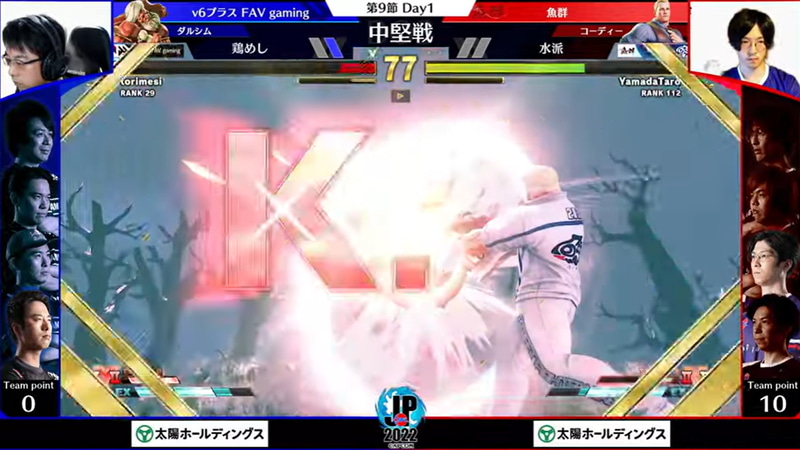 中堅戦は鶏めしダルシムと水派コーディーの一戦。水派コーディーの猛攻が決まるとあっという間に鶏めしダルシムの体力が底を尽く驚異の火力を見せる場面も見られた
