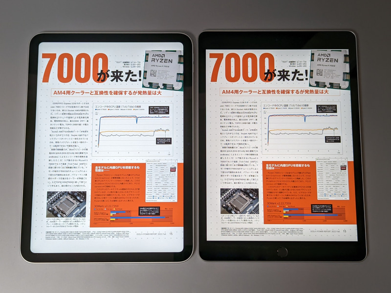 左が本製品、右が従来の第9世代モデル。上下の余白が広がっただけで、表示サイズはほとんど変わっていない