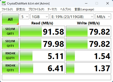 「CrystalDiskMark」の結果(SDカード)