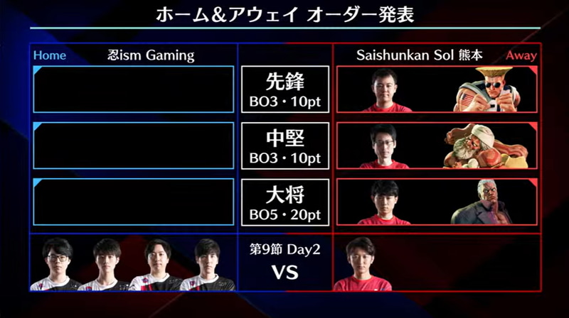 アウェイのSaishunkan Sol 熊本の事前オーダーは、先鋒ひぐちガイル、中堅YHC-餅ダルシム、大将Shutoユリアン