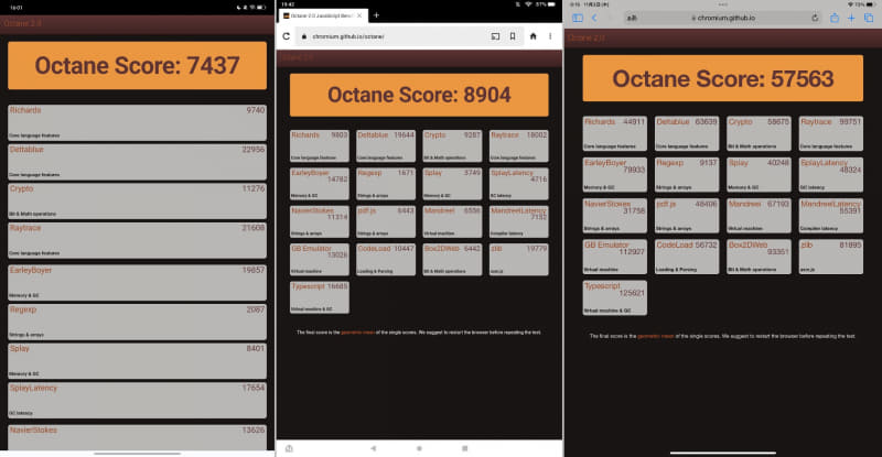 「Google Octane」でのベンチマーク結果。本製品(左)が「7437」、Fire HD 10 Plus(中央)が「8904」と、Fire HD 10 Plusがやや有利。第10世代iPad(右)はOSも異なるため参考程度に考えたほうがよさそうだ