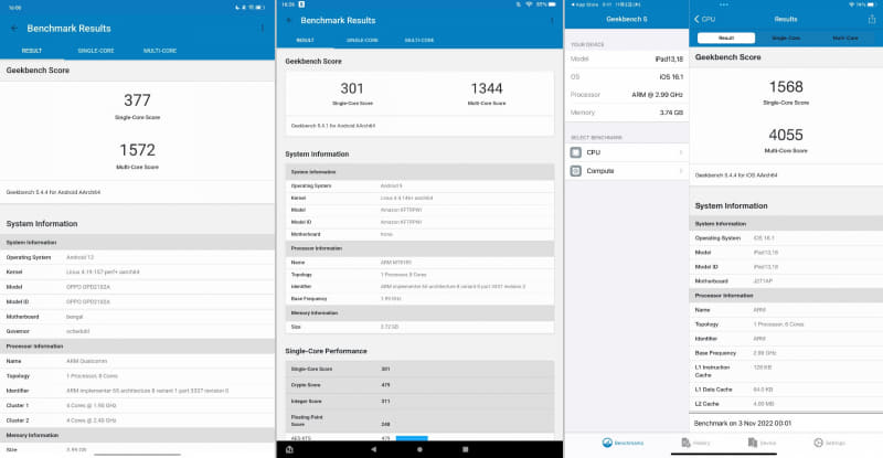 「GeekBench 5」でのベンチマーク結果。本製品(左)が「シングルコア377/マルチコア1572」、Fire HD 10 Plus(中央)が「301/1344」と、こちらは逆に本製品のほうが優勢。右は第10世代iPad