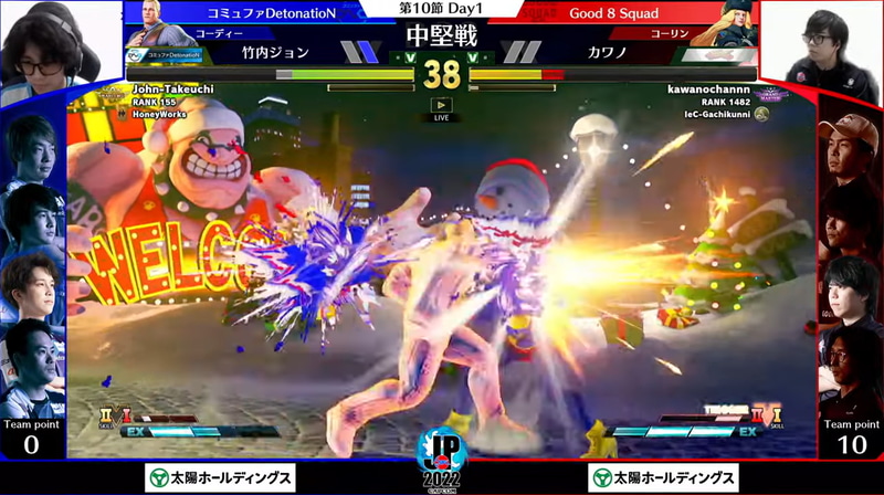 中堅戦は竹内ジョンコーディーとカワノコーリンとの一戦。中距離の立ち回りではカワノコーリン有利の場面も見られたが、竹内ジョンコーディーのEXゾンクナックルを起爆剤に一気に攻め切る展開が多く見られ、中堅戦は竹内ジョンコーディーが制する形となった