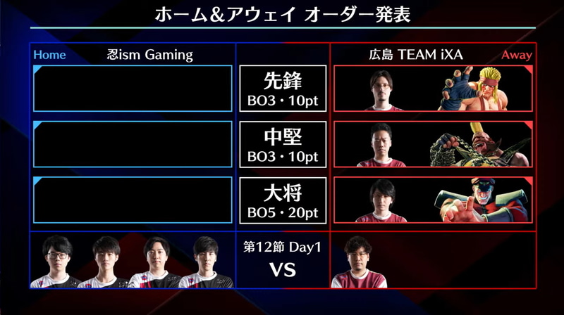 アウェイ広島 TEAM iXAの事前オーダーは先鋒がガンファイトアレックス、中堅がクラッシャーバーディー、大将は稲葉ベガ