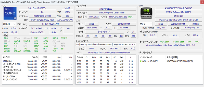 「HWiNFO64 Pro」で取得した「NUC 13 Extreme Kit」のシステムの概要