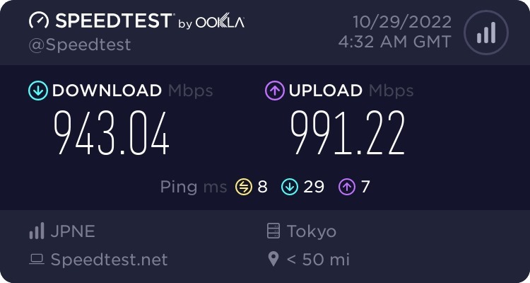 10Gbps環境でのノートPC(Wi-Fi 5)での速度