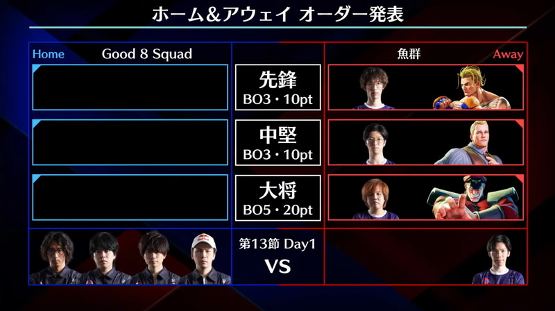 アウェイ魚群の事前オーダーは先鋒がマゴのルーク、中堅が水派のコーディー、大将はまちゃぼーのベガが2度目の参戦。待機はもけ