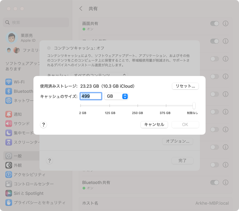 「コンテンツキャッシュ」の［オプション］を表示すると、そのMac内のストレージでキャッシュする容量を指定できます。大量のAppleデバイスを管理している環境で役立ちます