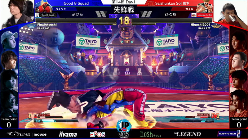 先鋒戦はぷげらバイソンとひぐちガイルの一戦。1戦目から体力ギリギリの接戦を展開するが、ここはひぐちガイルが投げを決めて勝利