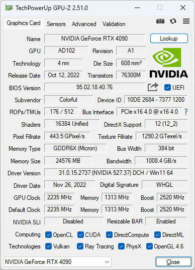 Colorful iGame GeForce RTX 4090 Vulcan OC-VのGPU-Z実行画面