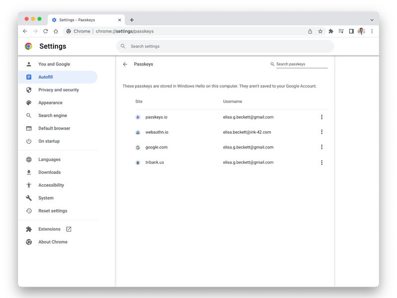 パスキーは、WindowsおよびmacOSのChromeの設定から管理できる