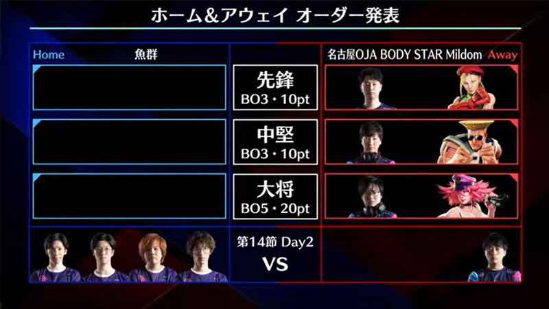 アウェイ、名古屋OJA BODYSTAR Mildomの事前オーダーは先鋒があきらキャミィ、中堅がウメハラガイル、大将はふ～どポイズン