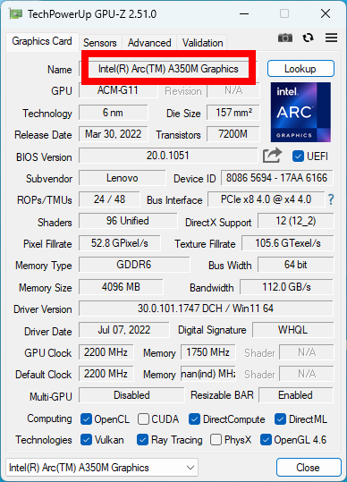 ディスクリートGPUとしてIntelの「Arc A350M」を採用