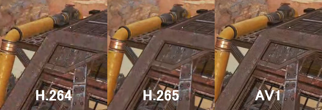 左からH.264、H.265、AV1の録画データだ