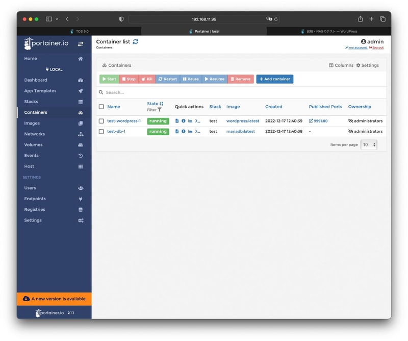 Portainer/Container ※admin/adminでログインできる