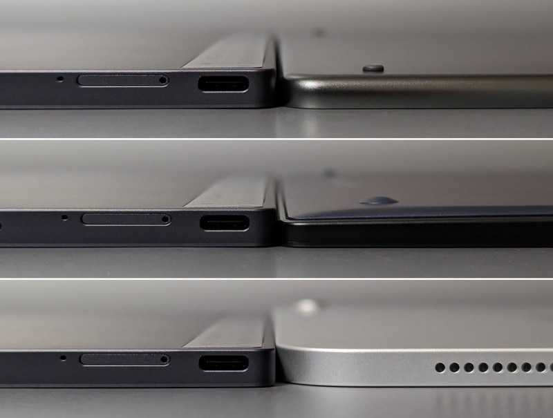 厚みの比較。左はいずれも本製品、右は上からKindle Scribe、Kobo Elipsa、第10世代iPad。極薄ではないが十分に薄いと言えるレベルだ